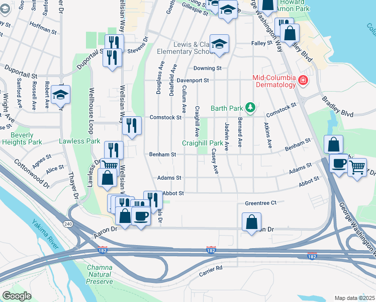 map of restaurants, bars, coffee shops, grocery stores, and more near 200 Cullum Avenue in Richland