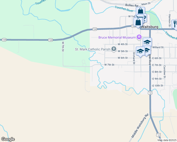 map of restaurants, bars, coffee shops, grocery stores, and more near 701 West 7th Street in Waitsburg