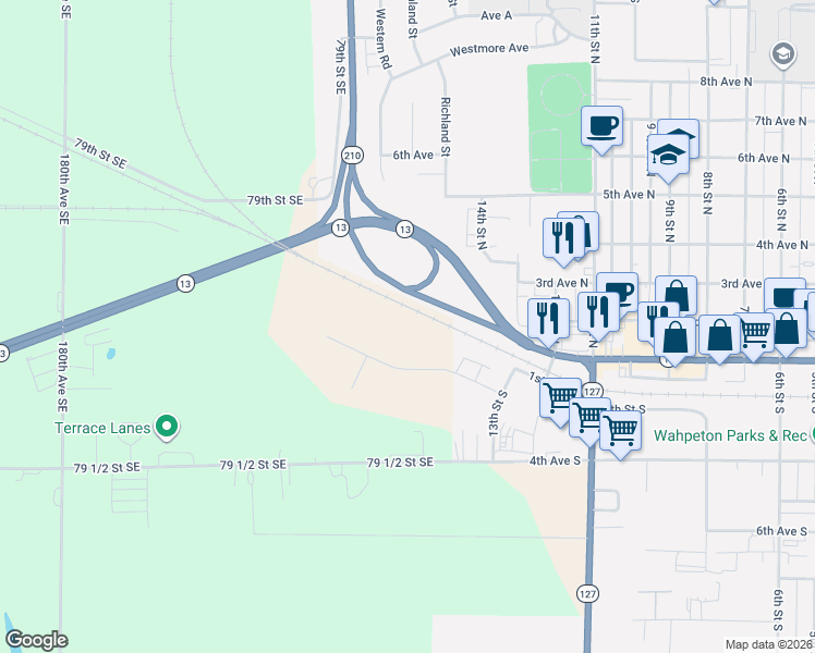 map of restaurants, bars, coffee shops, grocery stores, and more near 1452 Prairie Lane in Wahpeton