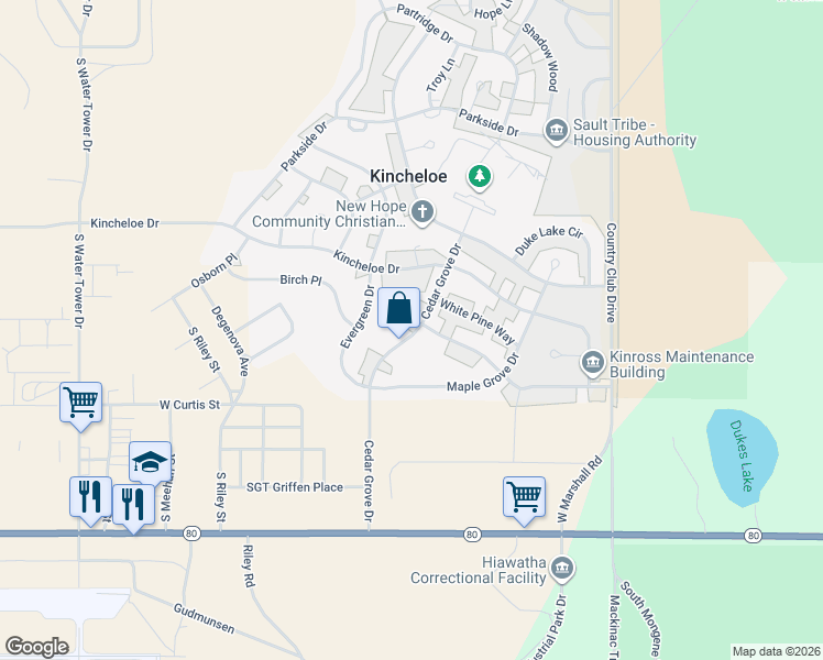 map of restaurants, bars, coffee shops, grocery stores, and more near 13-27 Cedar Grove Dr in Kinross Charter Township