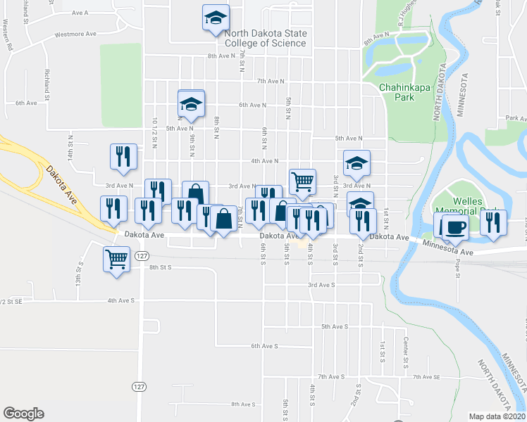 map of restaurants, bars, coffee shops, grocery stores, and more near 599 2nd Avenue North in Wahpeton