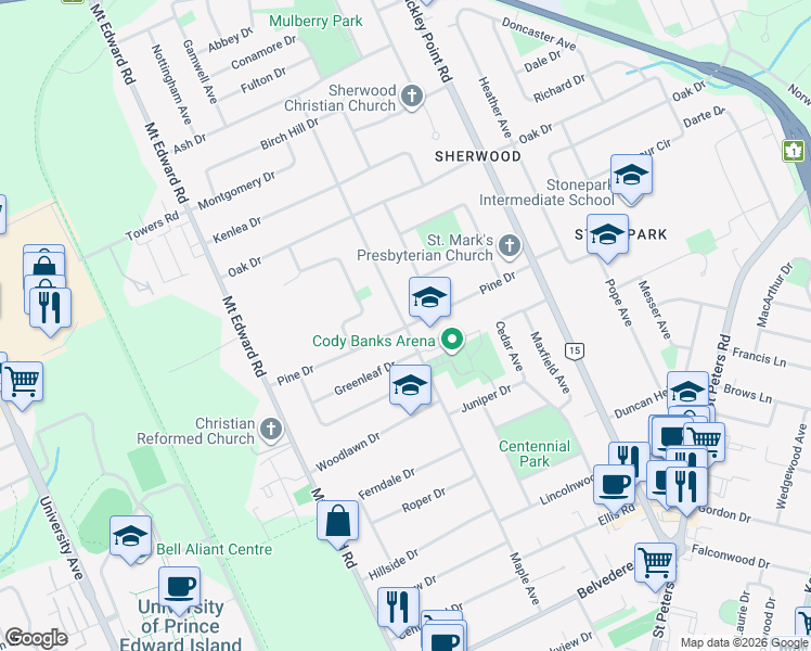 map of restaurants, bars, coffee shops, grocery stores, and more near Pine Drive in Charlottetown