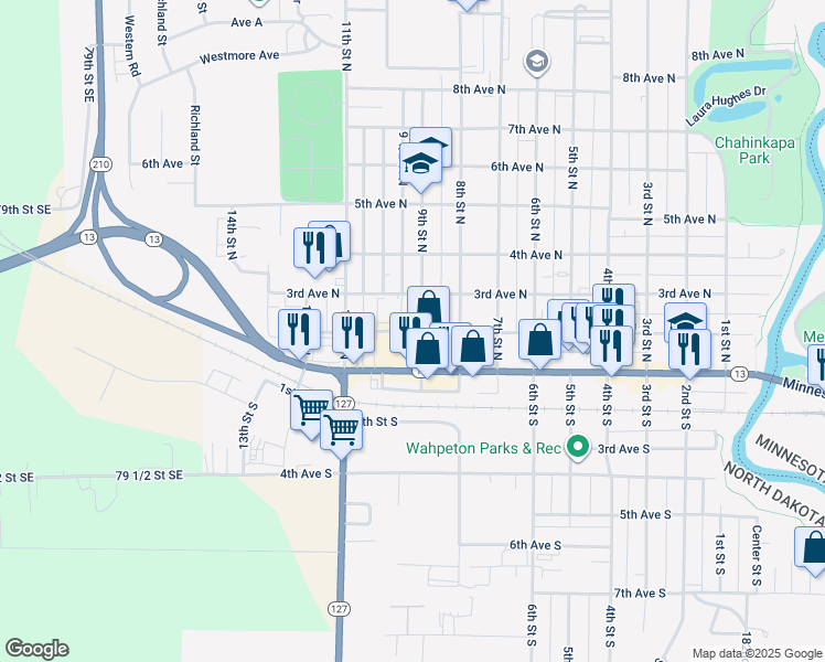 map of restaurants, bars, coffee shops, grocery stores, and more near in Wahpeton