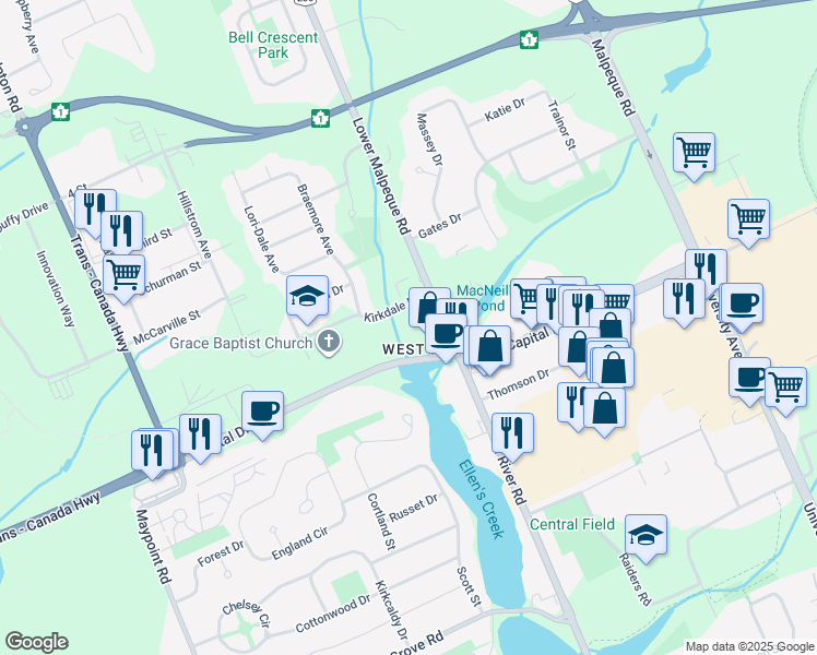 map of restaurants, bars, coffee shops, grocery stores, and more near 3 Lower Malpeque Road in Charlottetown