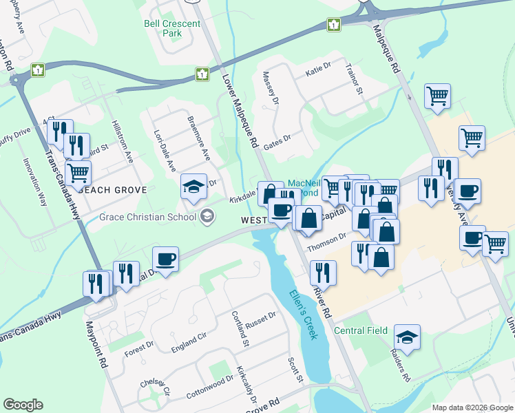 map of restaurants, bars, coffee shops, grocery stores, and more near 3 Lower Malpeque Road in Charlottetown