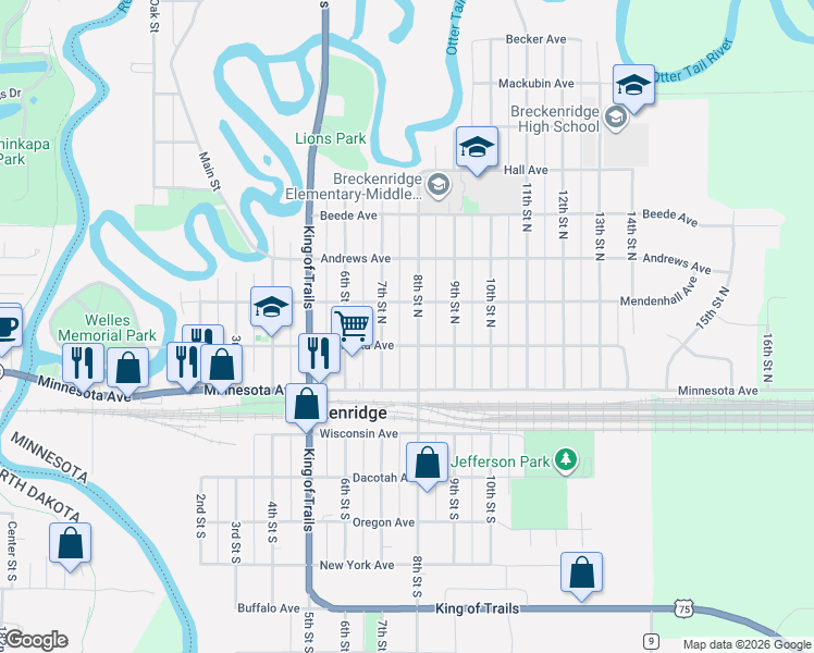 map of restaurants, bars, coffee shops, grocery stores, and more near 128 8th Street North in Breckenridge