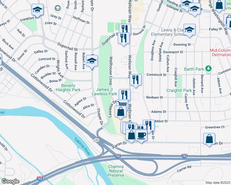 map of restaurants, bars, coffee shops, grocery stores, and more near 239-251 Wellhouse Loop in Richland