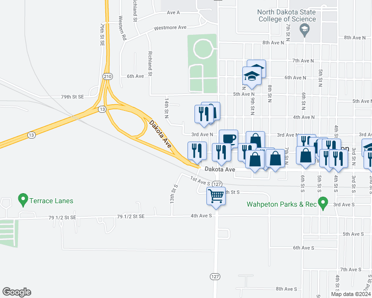 map of restaurants, bars, coffee shops, grocery stores, and more near 1207 3rd Avenue North in Wahpeton