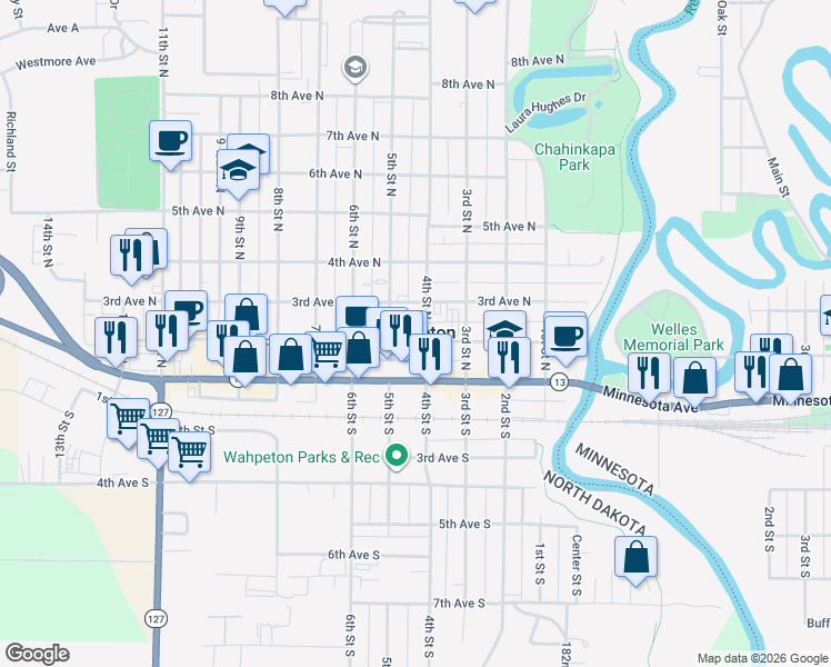 map of restaurants, bars, coffee shops, grocery stores, and more near in Wahpeton
