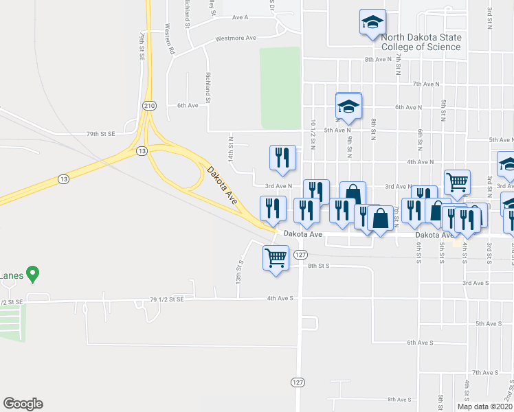 map of restaurants, bars, coffee shops, grocery stores, and more near 105 12th Street North in Wahpeton