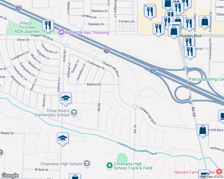 map of restaurants, bars, coffee shops, grocery stores, and more near Coldwater Drive in Pasco