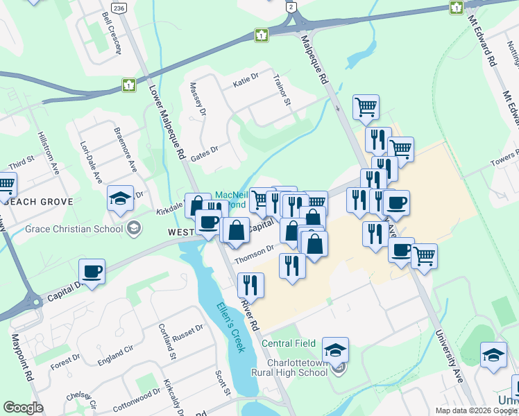 map of restaurants, bars, coffee shops, grocery stores, and more near 95 Capital Drive in Charlottetown