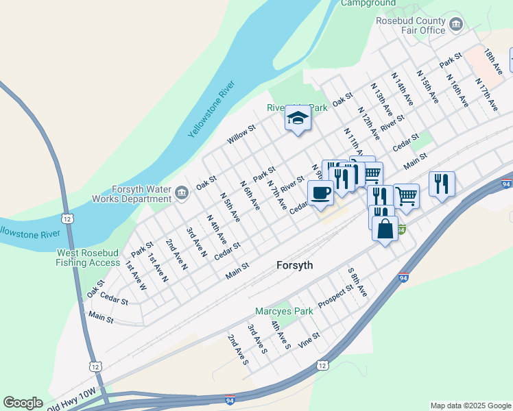 map of restaurants, bars, coffee shops, grocery stores, and more near 301 North 6th Avenue in Forsyth