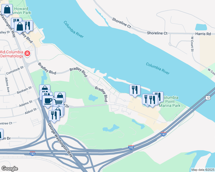 map of restaurants, bars, coffee shops, grocery stores, and more near 300 Columbia Point Drive in Richland