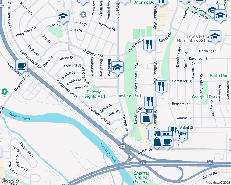 map of restaurants, bars, coffee shops, grocery stores, and more near 221 Thayer Drive in Richland