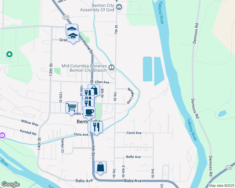 map of restaurants, bars, coffee shops, grocery stores, and more near 706 7th Street in Benton City