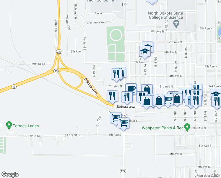 map of restaurants, bars, coffee shops, grocery stores, and more near 1201 3rd Avenue North in Wahpeton