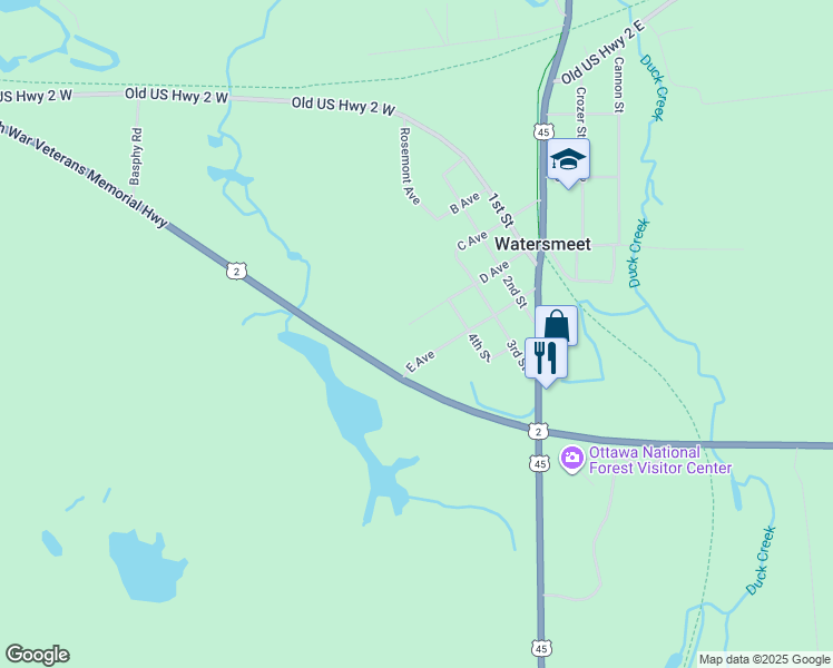 map of restaurants, bars, coffee shops, grocery stores, and more near D Avenue in Watersmeet