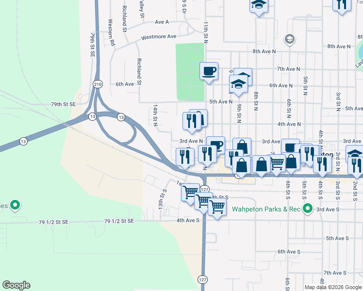 map of restaurants, bars, coffee shops, grocery stores, and more near 1209 3rd Avenue North in Wahpeton