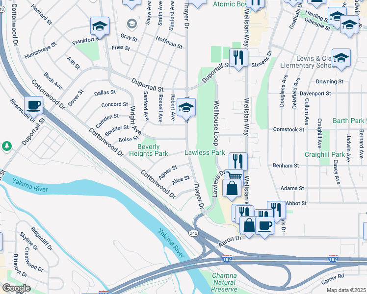 map of restaurants, bars, coffee shops, grocery stores, and more near 221 Thayer Drive in Richland