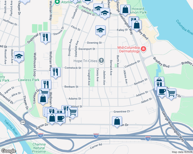 map of restaurants, bars, coffee shops, grocery stores, and more near 216 Casey St in Richland