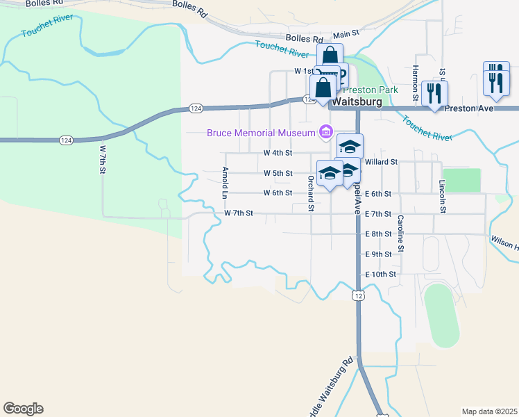 map of restaurants, bars, coffee shops, grocery stores, and more near 340 West 7th Street in Waitsburg