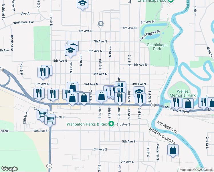 map of restaurants, bars, coffee shops, grocery stores, and more near 503 3rd Avenue North in Wahpeton