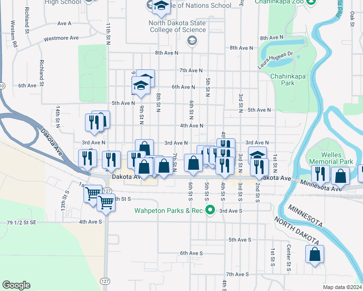 map of restaurants, bars, coffee shops, grocery stores, and more near 621 3rd Avenue North in Wahpeton
