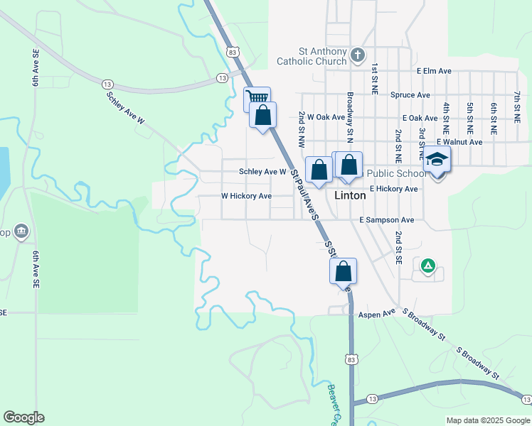 map of restaurants, bars, coffee shops, grocery stores, and more near 149-199 5th Street Southwest in Linton