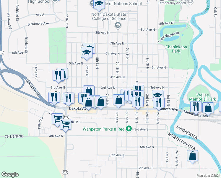 map of restaurants, bars, coffee shops, grocery stores, and more near 621 3rd Avenue North in Wahpeton