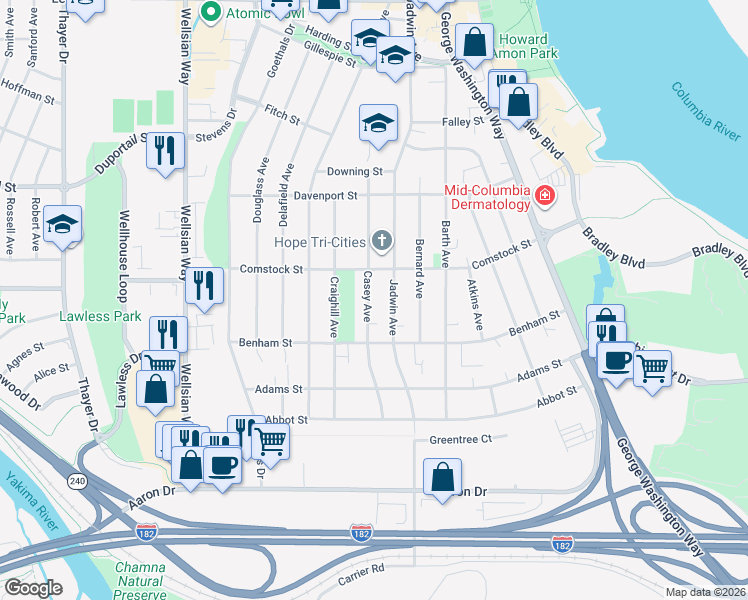 map of restaurants, bars, coffee shops, grocery stores, and more near 216 Casey Avenue in Richland