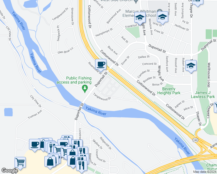 map of restaurants, bars, coffee shops, grocery stores, and more near 2555 Duportail Street in Richland