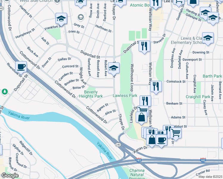 map of restaurants, bars, coffee shops, grocery stores, and more near 221 Thayer Drive in Richland