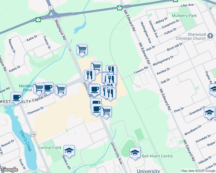 map of restaurants, bars, coffee shops, grocery stores, and more near 670 University Avenue in Charlottetown