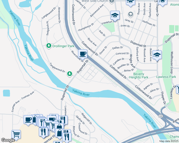map of restaurants, bars, coffee shops, grocery stores, and more near 2555 Duportail Street in Richland