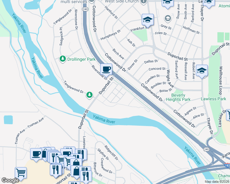 map of restaurants, bars, coffee shops, grocery stores, and more near 2555 Duportail Street in Richland