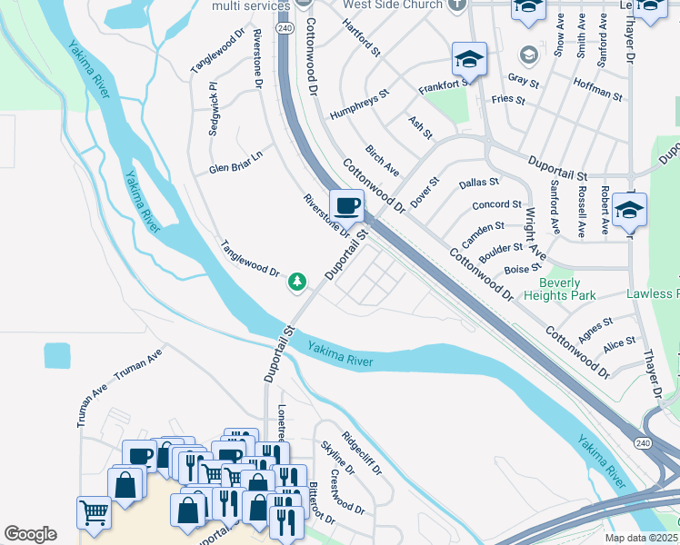 map of restaurants, bars, coffee shops, grocery stores, and more near 2751 Duportail Street in Richland
