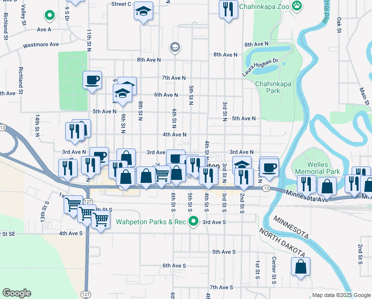 map of restaurants, bars, coffee shops, grocery stores, and more near 503 3rd Avenue North in Wahpeton