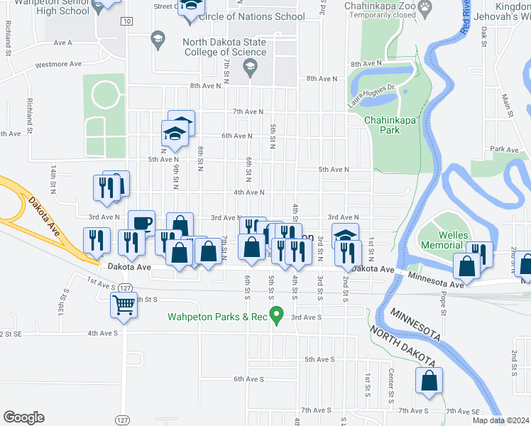 map of restaurants, bars, coffee shops, grocery stores, and more near 504 3rd Avenue North in Wahpeton