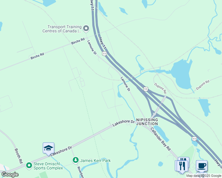 map of restaurants, bars, coffee shops, grocery stores, and more near Toronto Street in North Bay