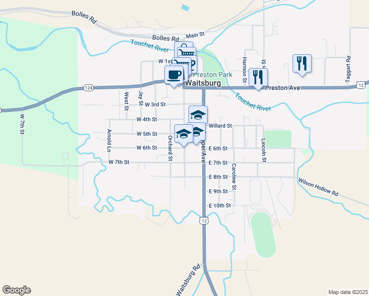 map of restaurants, bars, coffee shops, grocery stores, and more near 600 Main Street in Waitsburg