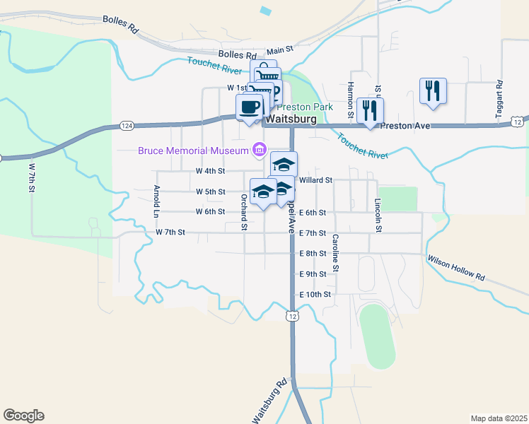 map of restaurants, bars, coffee shops, grocery stores, and more near 600 Main Street in Waitsburg