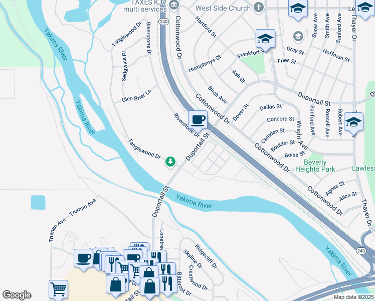 map of restaurants, bars, coffee shops, grocery stores, and more near 2751 Duportail Street in Richland