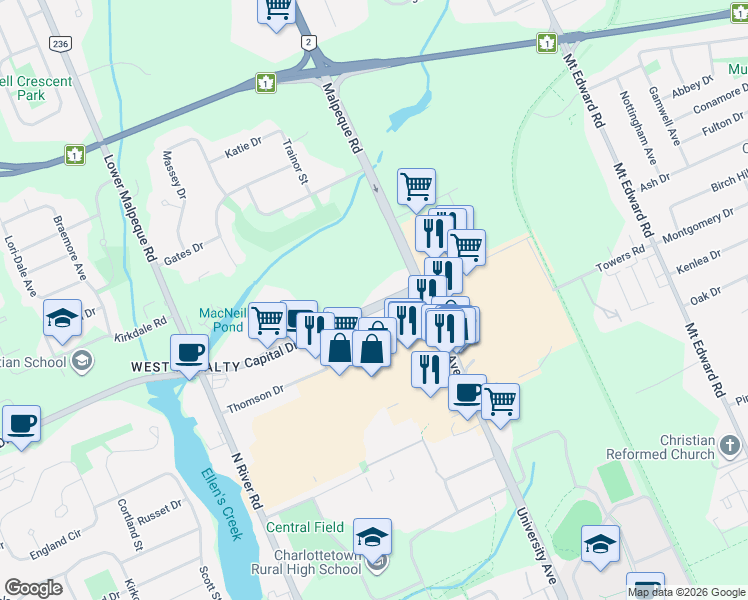 map of restaurants, bars, coffee shops, grocery stores, and more near 14 Capital Drive in Charlottetown