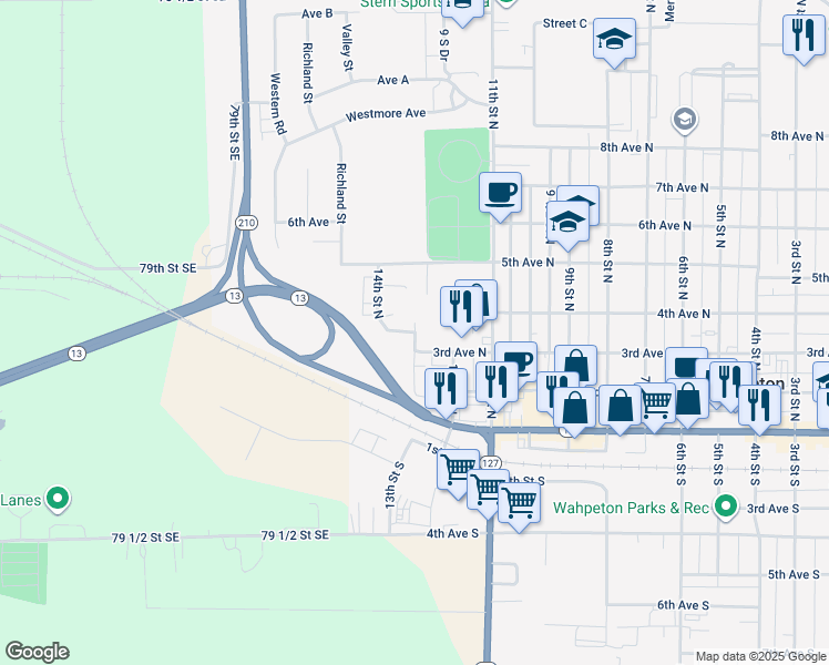 map of restaurants, bars, coffee shops, grocery stores, and more near 1300 3rd Avenue North in Wahpeton