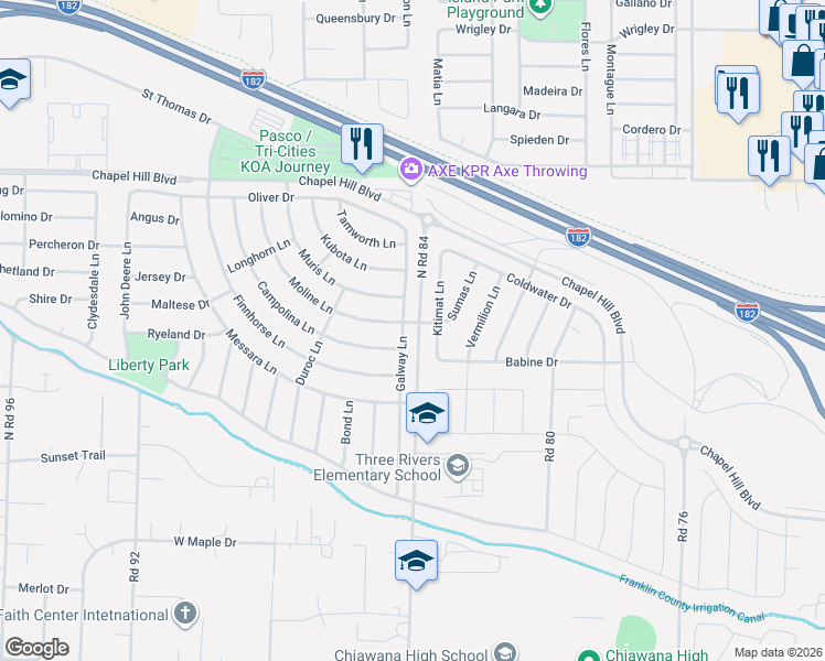map of restaurants, bars, coffee shops, grocery stores, and more near 4231 Galway Lane in Pasco