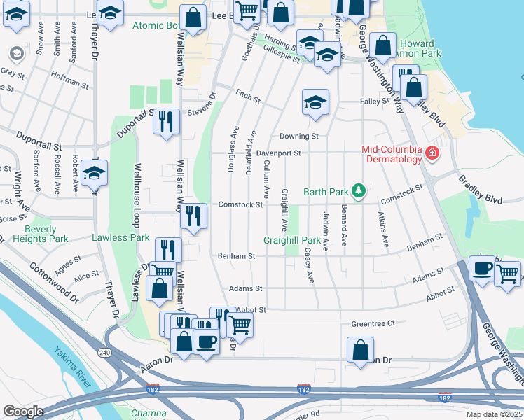 map of restaurants, bars, coffee shops, grocery stores, and more near 219 Cullum Avenue in Richland