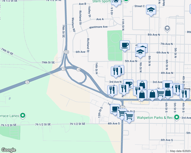 map of restaurants, bars, coffee shops, grocery stores, and more near 1300-1398 3rd Avenue North in Wahpeton