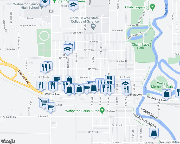 map of restaurants, bars, coffee shops, grocery stores, and more near 321 6th Street North in Wahpeton