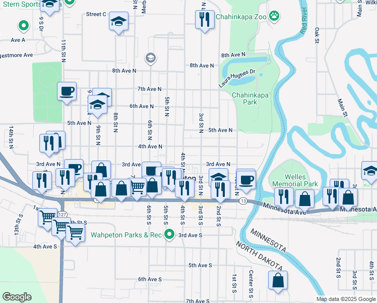 map of restaurants, bars, coffee shops, grocery stores, and more near 403 3rd Street North in Wahpeton